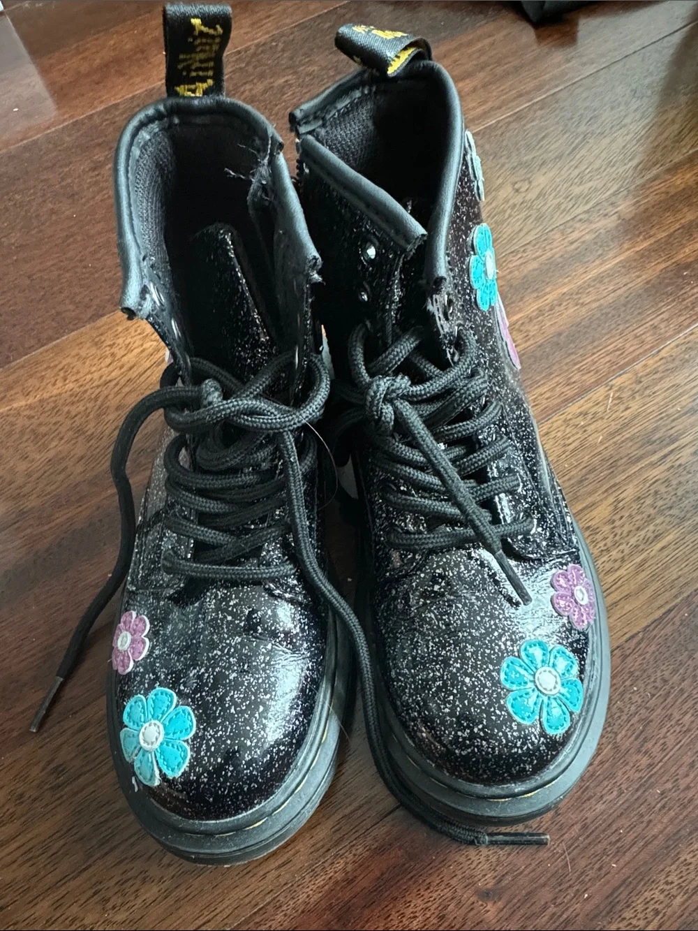 Dr. Martens Black Glitter Flower Lace-Up Boots